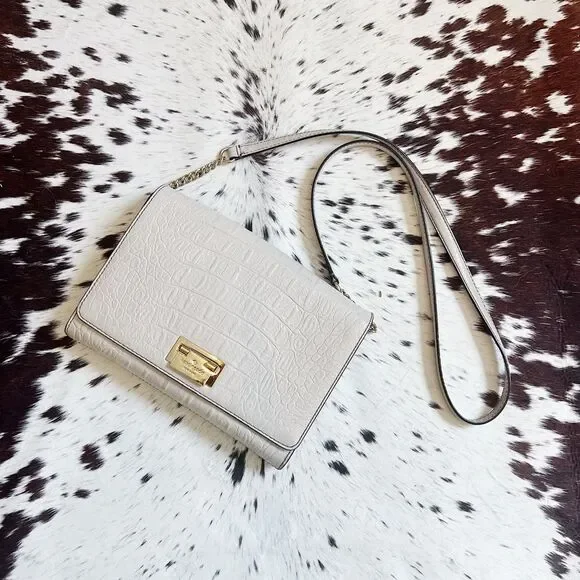 Kate Spade Orchard Valley Fiona Neutral Crocodile Embossed Crossbody Bag Chain